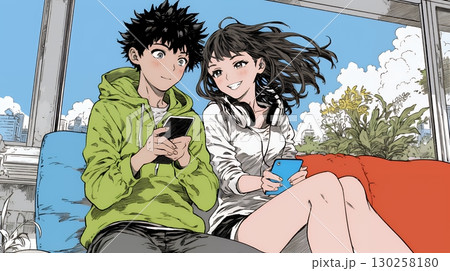 幸せそうに一緒にスマホを見る若いカップル