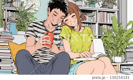 幸せそうに一緒にスマホを見る若いカップル