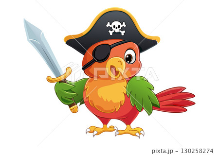 Cute cartoon parrot pirate with eyepatch holding a cutlass sword and wearing a tricorn hat, Parrot pirate bird with black skull hat, 130258274