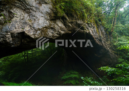 朝日が差し込む帝釈峡　雄橋　 広島県神石郡 130258316