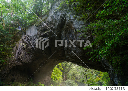 朝日が差し込む帝釈峡　雄橋　 広島県神石郡 130258318