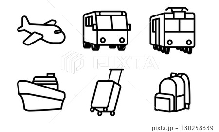 旅アイコンセット（飛行機・電車・バス・船・キャリー・リュック） 130258339