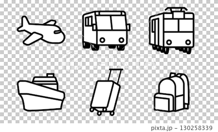 旅アイコンセット（飛行機・電車・バス・船・キャリー・リュック） 130258339