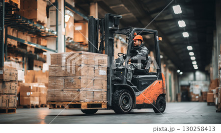 フォークリフトで荷物を運ぶ工場作業員 130258413