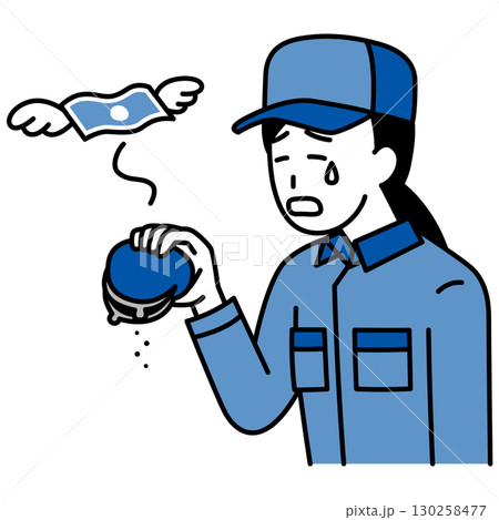 金欠で嘆くつなぎ作業服の女性 金欠で嘆くつなぎ作業服の女性 130258477