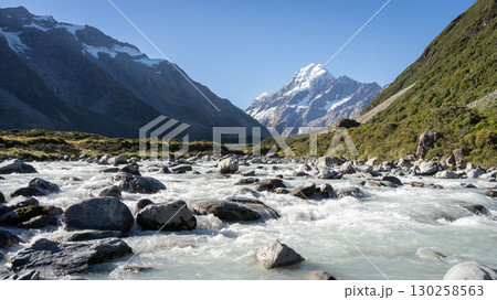 Glacial river flowing through picturesque alpine valley with snowy mountain, Mt Cook, New Zealand Glacial river flowing through picturesque alpine valley with snowy mountain, Mt Cook, New Zealand 130258563
