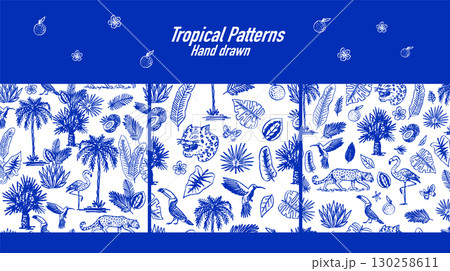 Seamless pattern with Japanese leopard or jaguar with tropical leaves, toucan, flamingo, hummingbird Seamless pattern with Japanese leopard or jaguar with tropical leaves, toucan, flamingo, hummingbird 130258611