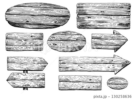 Set of different wooden frame signs, Arrow and directional boards, posts or banners, rustic 130258636