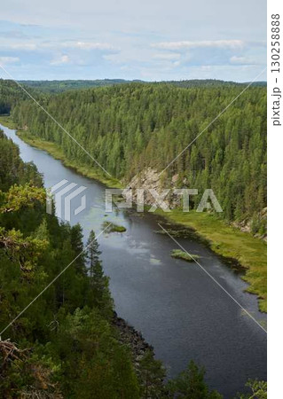 A Serene River Gently Flowing Through a Lush Green Forest Landscape That Enchants the Senses 130258888