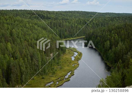 A Serene River Gently Flowing Through a Beautiful and Lush Verdant Forest Landscape, A Serene River Gently Flowing Through a Beautiful and Lush Verdant Forest Landscape, 130258896