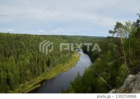 A scenic river meanders through a lush green forest landscape, enchanting and inviting A scenic river meanders through a lush green forest landscape, enchanting and inviting 130258906