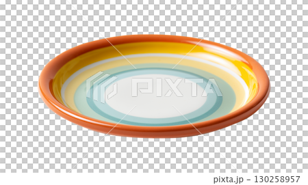 Colorful ceramic plate with orange rim and circular pattern isolated on transparent background 130258957