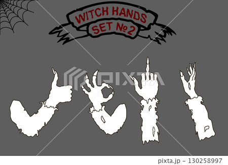 Vector set of witch hands with different gestures. Ok, thumbs up, pointing, rock and etc. 130258997