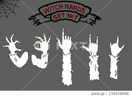 Vector set of witch hands with different gestures. Ok, thumbs up, pointing, rock and etc 130258998
