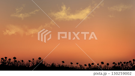 Seamless vector realistic silhouette grass field with sunset sky backdrop. Long length vector 130259002