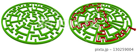 Green isometric simple garden maze. 3d round labyrinth in perspective lying on the white background 130259004