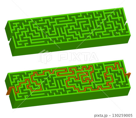 Green isometric simple garden maze. 3d round labyrinth in perspective lying on the white background 130259005