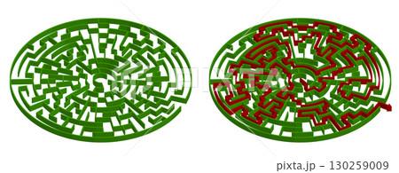 Green isometric simple garden maze. 3d round labyrinth in perspective lying on the white background 130259009
