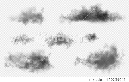 Set of the 7 dark gloomy vector realistic clouds isolated on white semi transparent background 130259041