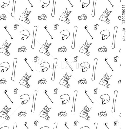 Set winter holiday, sport, ski equipment. Seamless pattern, helmet, skis, ski boots and other equipment. Vector graphic line illustration Set winter holiday, sport, ski equipment. Seamless pattern, helmet, skis, ski boots and other equipment. Vector graphic line illustration 130259055