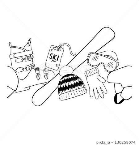 Seamless winter border with ski equipment: Skis, boots, sunglasses, hat, gloves, mitten in graphic line style. Vector graphic line illustration on white transparent background. 130259074