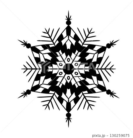 Snowflake Mandala isolated design element, geometric line graphic illustration. Zen doodle art, monochrome sketch for coloring book page, textile fabric print. Black and white vector illustration 130259075
