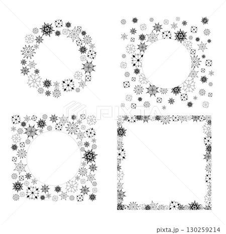 New Year, Christmas round snow frames. Set of winter graphic line abstract backgrounds, border templates with empty space for text. Vector Circle, ring shapes made of snowflakes. New Year, Christmas round snow frames. Set of winter graphic line abstract backgrounds, border templates with empty space for text. Vector Circle, ring shapes made of snowflakes. 130259214