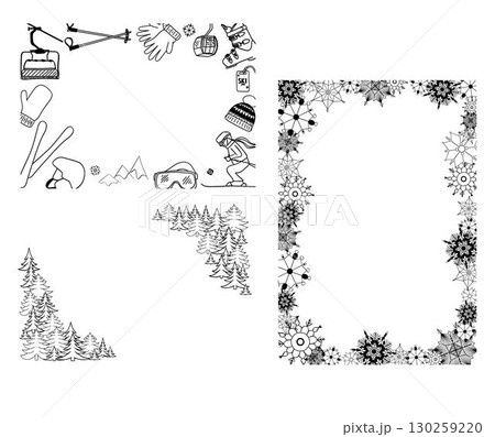 Graphic line vector hand drawn set of Winter Sports objects, symbols and items. Rectangle frame template composition Graphic line vector hand drawn set of Winter Sports objects, symbols and items. Rectangle frame template composition 130259220