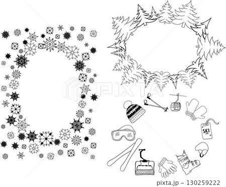 Winter sports, pine tree forest, snowflakes background with graphic line elements in oval with space for text. Winter activities vector frame set card with skiing equipment and other icon 130259222