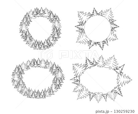 Background of pine tree forest, oval and round circle frame set. Vector graphic line illustration. Transparent background Background of pine tree forest, oval and round circle frame set. Vector graphic line illustration. Transparent background 130259230