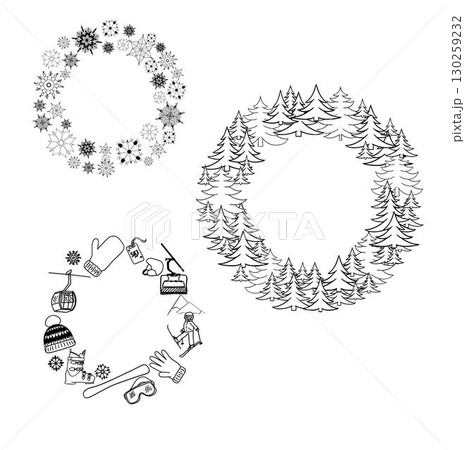 graphic line circle round frame set with winter elements. Vector frame with snowflakes, pine tree forest, ski equipment 130259232