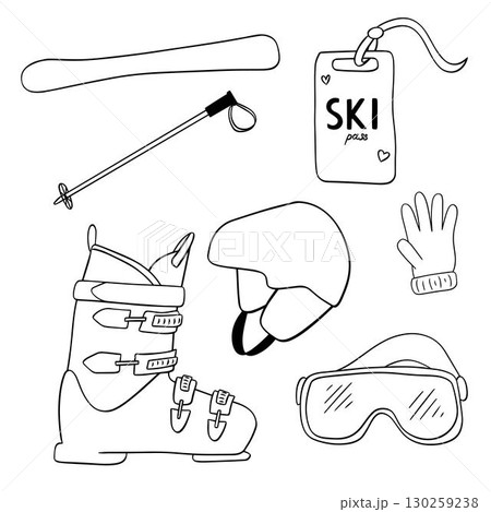 Snow ski equipment set hand-drawn graphic line art outline set. Vector Containing goggles, ski boots, gloves, ski poles, protection helmet, and snowboard bindings. Snow ski equipment set hand-drawn graphic line art outline set. Vector Containing goggles, ski boots, gloves, ski poles, protection helmet, and snowboard bindings. 130259238
