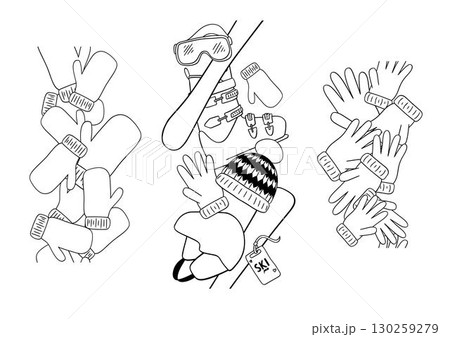 Seamless vertical border set of winter clothes gloves, mittens and ski equipment. Graphic line vector illustration. Template design for flyers, banners, booklets, brochures etc. 130259279