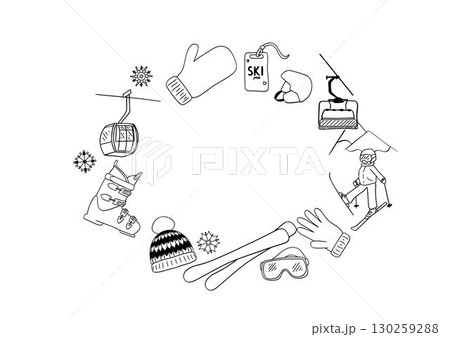 ski equipment oval frame. Vector graphic line illustration. Horizontal winter sport . Use as banner, footer, card decor, flyer, fabric trim. ski equipment oval frame. Vector graphic line illustration. Horizontal winter sport . Use as banner, footer, card decor, flyer, fabric trim. 130259288