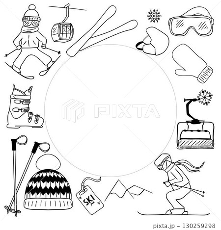 Winter sports background with ski equipment elements in circle with space for text. Vector Winter activities frame with snowboarding, skiing equipment and other icons in graphic line art design. Winter sports background with ski equipment elements in circle with space for text. Vector Winter activities frame with snowboarding, skiing equipment and other icons in graphic line art design. 130259298