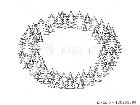 Graphic line pine tree vector background design. Oval frame greeting template with pine tree on transparent background. Graphic line pine tree vector background design. Oval frame greeting template with pine tree on transparent background. 130259304