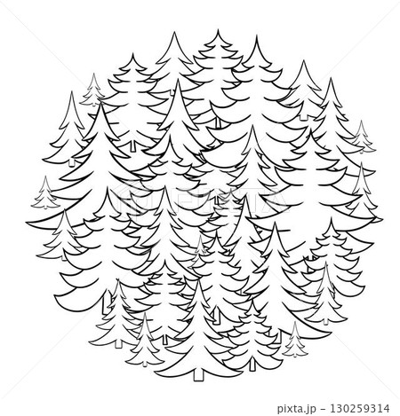 Round pine tree forest Composition. Circle round template in graphic line style, vector illustration 130259314