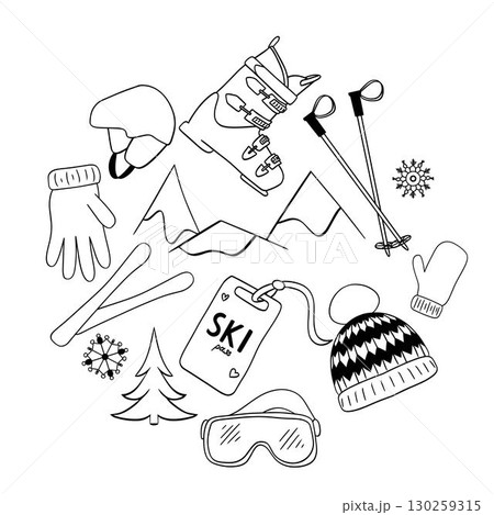 graphic line equipment for skiing ski boots, skis and ski poles, vector circle round composition isolated on white background. Snowboard, skates and skis, leisure, activities graphic line equipment for skiing ski boots, skis and ski poles, vector circle round composition isolated on white background. Snowboard, skates and skis, leisure, activities 130259315