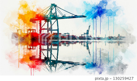 A large crane stands majestically in a harbor, painted in vibrant hues. 130259427