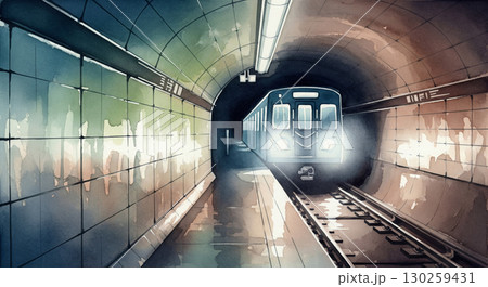 Soft washes of color blend to create a serene subway station atmosphere. The tiled walls reflect hues while a train enters the tunnel, illuminating the space with its headlights. 130259431