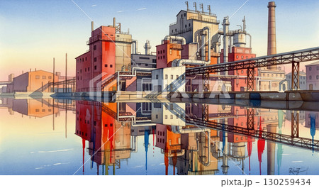 A vibrant watercolor captures an industrial complex lined by pipes and colorful buildings along a serene waterfront. The sunset creates a beautiful reflection in the water. 130259434