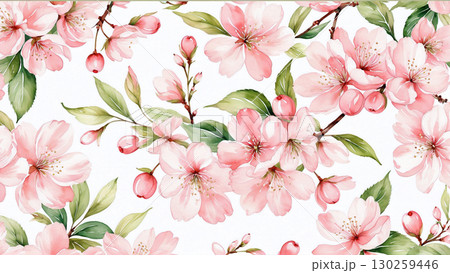 淡いピンクの桜の花と蕾の水彩背景素材 130259446