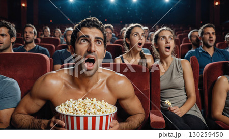 ポップコーンを手に映画鑑賞する観客の驚きと興奮 130259450
