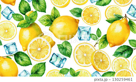 レモンとミントと氷が描かれた爽やかな背景パターン 130259461
