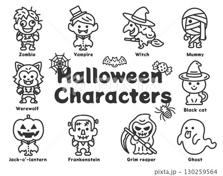 ハロウィンのキャラクターアイコン（線画）のイラストセット 130259564