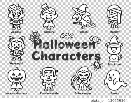 ハロウィンのキャラクターアイコン（線画）のイラストセット 130259564