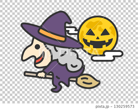 Illustration of a witch riding a broom and Halloween moon icon (line drawing color) 130259573