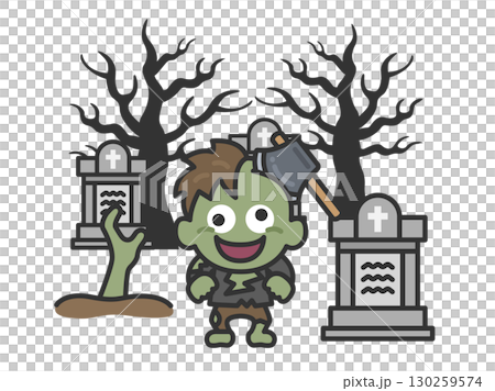 墓地中插著斧頭的殭屍角色（線條畫顏色）插圖 130259574