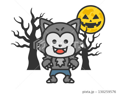 狼男のキャラクターと、ハロウィンの月(線画カラー)のイラスト 狼男のキャラクターと、ハロウィンの月(線画カラー)のイラスト 130259576