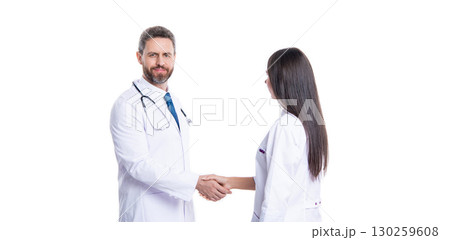 medicine and healthcare. medical deal between two colleague isolated on white. promotion deal in medicine. doctor handshake with nurse. healthcare insurance deal medicine and healthcare. medical deal between two colleague isolated on white. promotion deal in medicine. doctor handshake with nurse. healthcare insurance deal 130259608